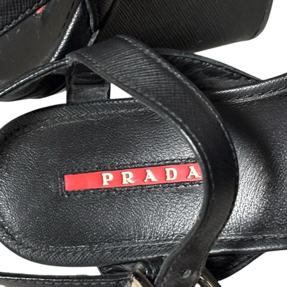 PRADA - SIZE 36EU / 6 US - BLACK LEATHER PLATFORM WEDGE ANKLE SANDALS - S6 - Picture 4 of 14